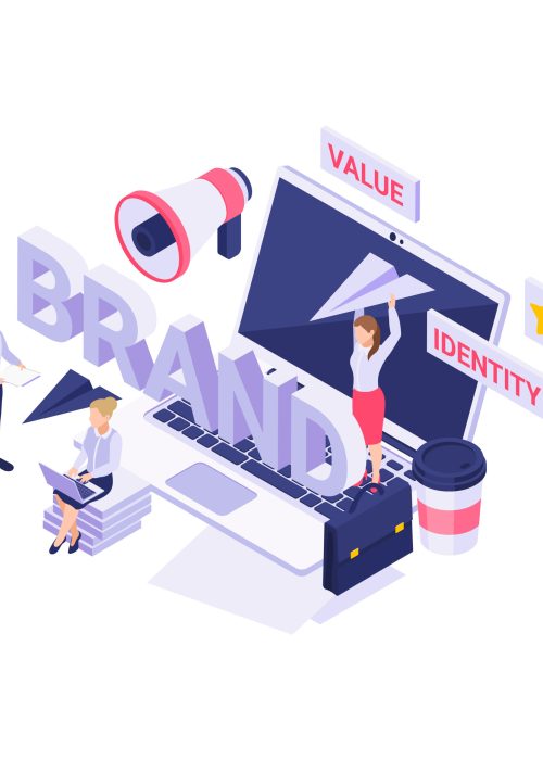 Isometric icon with people working on new brand strategy 3d vector illustration